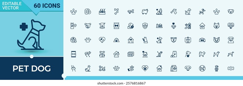 Pet Dog line icons set. Containing toy, Dogi, men, rabbit, leash, animal, art and more. Isolated icons design. Vector illustration in modern line style.