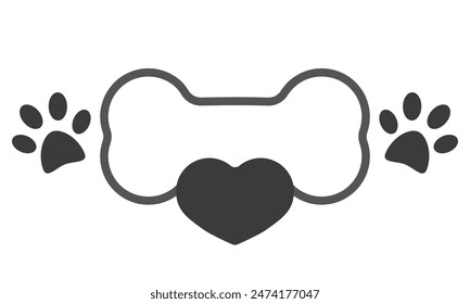 Pet Dog Memorial diseño en blanco y negro. Huella de la pata de la mascota con el corazón, alas de ángel, halo, marco de la etiqueta del hueso. Ilustración vectorial