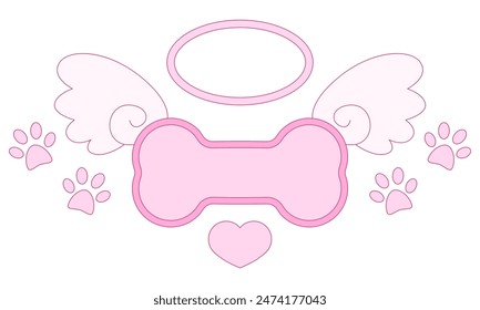 Pet Dog Memorial lindo diseño rosa. Huella de la pata de la mascota con el corazón, alas de ángel, halo, marco de la etiqueta del hueso. Ilustración vectorial