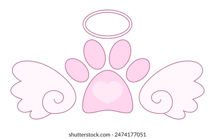 Pet Dog Memorial cute pink design. Footprint of pet's paw with heart, angel wings, halo, bone tag frame. Vector illustration