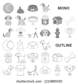 Pet dog monochrom icons in set collection for design. Caring for the puppy vector symbol stock web illustration.