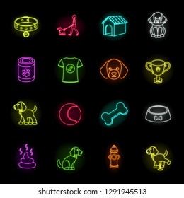 Pet dog neon icons in set collection for design. Caring for the puppy vector symbol stock web illustration.