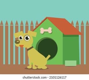 A pet dog posing next to his little house