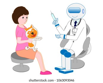 Pet dog receiving treatment from an artificial intelligent robotic veterinarian.
