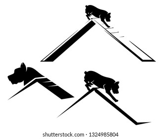 Pet Dog Running The Agility Sport Obstacle - Black And White Vector Design Set