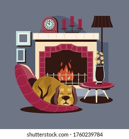 Pet dog sleeping by the fireplace