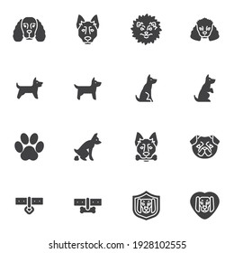 Pet dog training vector icons set, modern solid symbol collection, filled style pictogram pack. Signs, logo illustration. Set includes icons as pooping dog, spitz puppy, animal paw print, collar