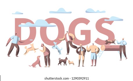 Pet Dog Typography Horizontal Banner. Animal Friend Group Play with People Character in City Park Outdoor. Multiple Breed Print Poster Template Flat Cartoon Vector Illustration