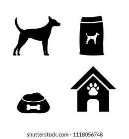 Pet dog vector icon set, food, bowl, and house