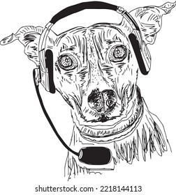 pet dog wearing headphones while listening to music, dog in headphone logo, dog listening to music sketch drawing, animal silhouette and symbol, dog clip art 