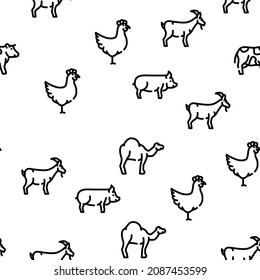 Pet Domestic, Farm And Sea Aqua Vector Seamless Pattern Thin Line Illustration