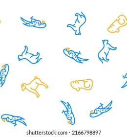 Pet Domestic, Farm And Sea Aqua Vector Seamless Pattern Color Line Illustration