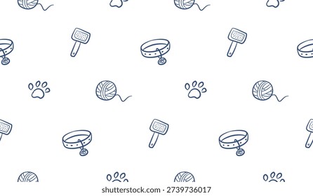 Pet doodle background. Cute pet accessories seamless pattern. Pet shop pattern background. Pet care hand drawn seamless pattern with colar, toy, cat or dog paw, grooming.