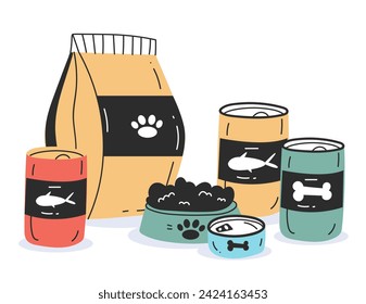 Pet doog food animal product package isolated concept. Vector flat graphic design cartoon illustration