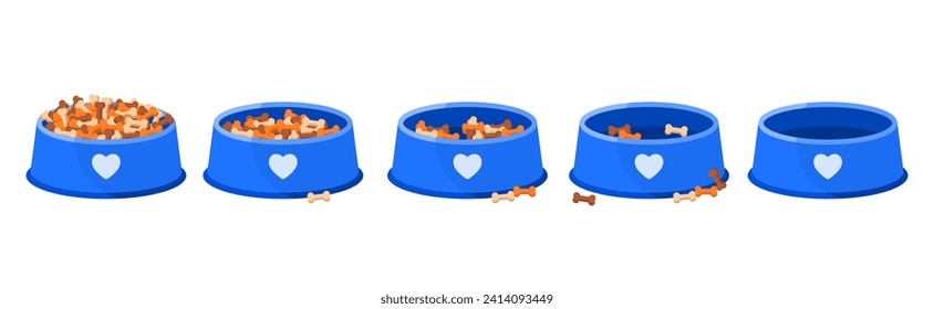 Pet dry food eating set, sequence game animation of eaten dogs treats. Animated steps collection of bowl with bone biscuit pile, plastic container half full and empty plate cartoon vector illustration