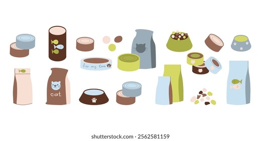 Pet dry and wet food in different packs, packets set vector illustration. Canine or feline feeding food, conserve cans, snack preserves