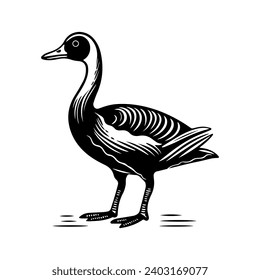 Pet duck in linocut textured style. Isolated on white background vector illustration. 