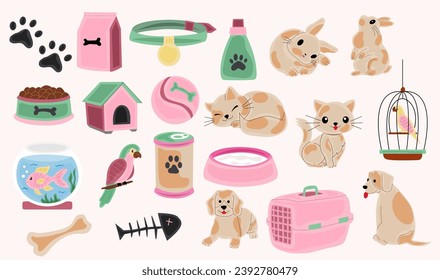 Pet element set. Veterinary shop elements food and bowls, toys, cages, trays, beds and collars. Pet care for cats and dogs, fish and birds.