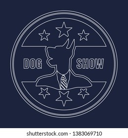Pet emblem design. Doberman dog. Graphic design element. Thin line stamp