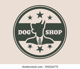 Pet emblem design. Doberman dog. Graphic design element. Shop text