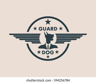 Pet emblem design. Doberman dog. Graphic design element. Guard text