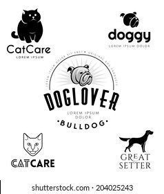 Pet Emblems Collection. Cat And Dog Icons Isolated On White Background. Editable Graphic Design Templates. Pets Logo 