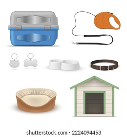 Pet equipment set realistic vector illustration. Domestic animal accessory portable carrier cage leash collar tag bowl couch house. Cat and dog owner breeding canine kitty puppy accessories isolated