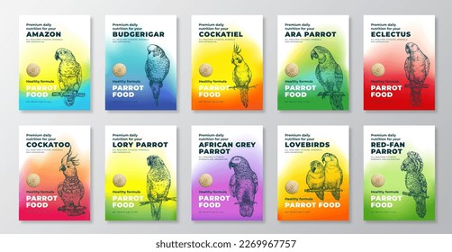 Pet Exotic Tropical Bird Food Product Label Templates Set. Abstract Vector Packaging Design Layouts. Modern Typography Banners with Hand Drawn Parrots Illustrations Backgrounds Collection. Isolated