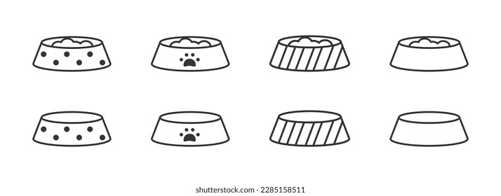 Pet feed bowl doodle set. Line icon, symbol. Vector