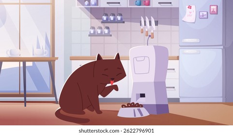 Pet feeders. Animal in interior background eating food from smart digital feeder exact vector cartoon background