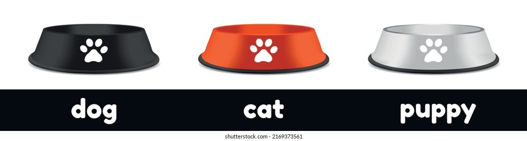 Pet Feeding Bowl On Rubber Base Set - Different Vector Illustrations With Exchangeable Text Isolated On White Background