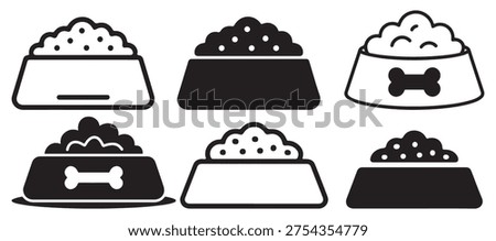 Pet feeding bowls filled with kibble food, vector icon collection for dogs and cats. vector illustration eps 10