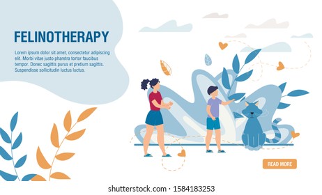 Pet Feline Therapy Medical Service. Felinotherapy Healthcare Methods. Trendy Flat Landing Page. Online Consultation and Treatment. Cute Cartoon children and Fluffy Kitten. Vector Illustration