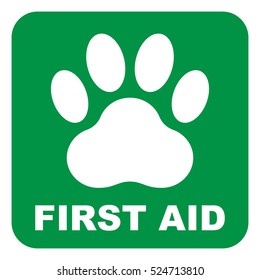 Pet first aid, green square sign with white paw, vector illustration.
