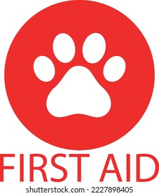 Pet first aid vector illustration. , red round sign with white paw