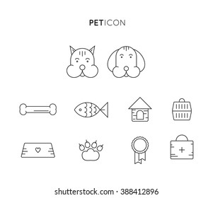 Pet flat icons set. Domestic animals with their toys. Pet shop . Accessories, goods for care of pets in icons, vector flat illustration