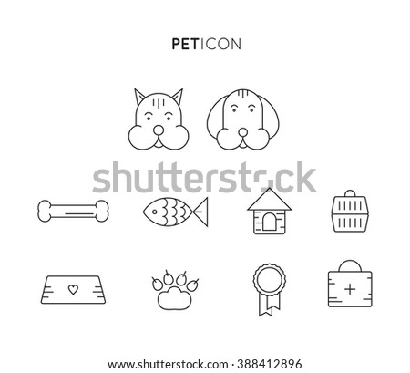 Pet flat icons set. Domestic animals with their toys. Pet shop . Accessories, goods for care of pets in icons, vector flat illustration