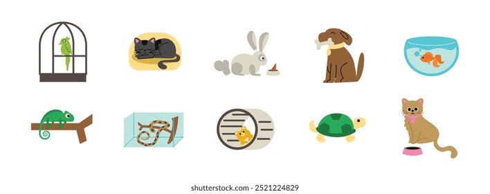 Pet flache Illustration Set. Einschließlich Haustiere, Tier, Vogel, Katze, Kaninchen, Hund, Fisch, Schildkröte, Hamster, Goldfisch. Vektorgrafik einzeln.