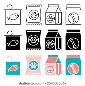 Colección del icono del bolso de la comida para animales domésticos en el fondo blanco