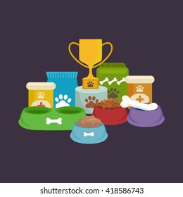 Pet food in bowl, bone meal for dogs eating vector