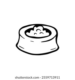 Pet Food Bowl. Caring for domestic cats and dogs. Sketch style Illustration for Pet shops, logo, postcards. Funny Crooked doodle vector icon.