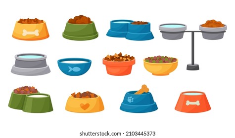 Pet food bowl. Cat and dog cartoon containers with wet and dry meal, water and milk. Canine or feline feed dishes. Kittens or puppies accessories. Vector domestic animals feeding plates set
