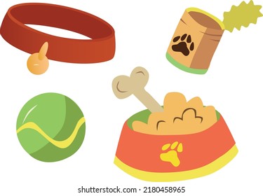 Pet food bowl. Cat and dog cartoon containers with wet and dry meal. Canine or feline feed dishes. Ball. Dog collar. Kittens or puppies accessories. Vector domestic animals feeding plates set