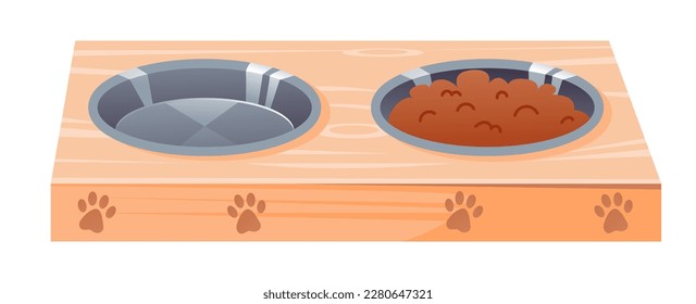 Pet food bowl. A bowl for dogs and cats. Stand and two stainless pet bowls. Steel bowls on stand. Cartoon vector illustration
