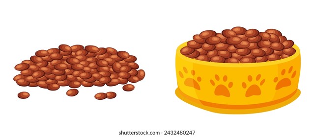 Pet food. Bowl for dry food. Food for cat and dog. Flat vector illustration isolated on white background