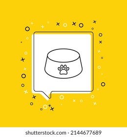 Pet food bowl icon in white speech bubble with decorative elements on a yellow background. Modern graphic announcement with thin line symbol. Vector illustration EPS 10