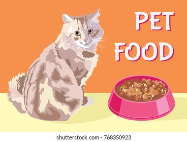 Pet food. Cat on orange background. Vector illustration.