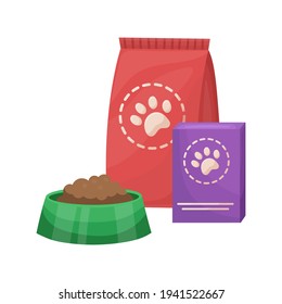 Pet food. Food for cats and dogs. Bowl and packaging. Vector flat illustration.