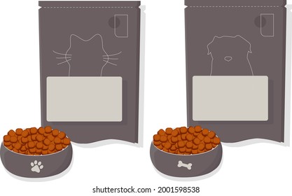 
Pet food. Food for cats and dogs. Bowl, Packaging, Advertising. Flat illustration