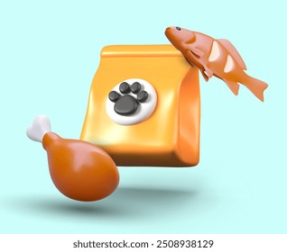Pet food with chicken and fish. Tasty snack for cat, dog. Hearty meat dish